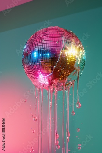 A giant floating colorful neon disco ball melting and dripping, isolated on a pastel green background