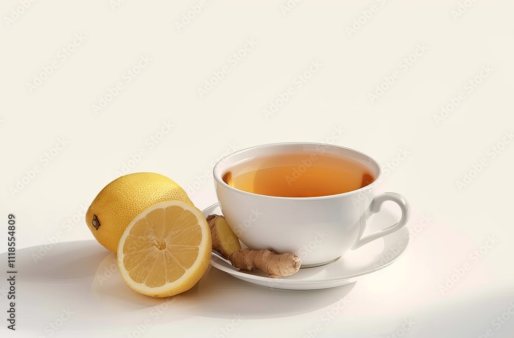 A glass cup of ginger tea with lemon and fresh ginger root beside it, isolated on a white background A glass cup of ginger tea with lemon and fresh ginger root beside it, isolated on a white background