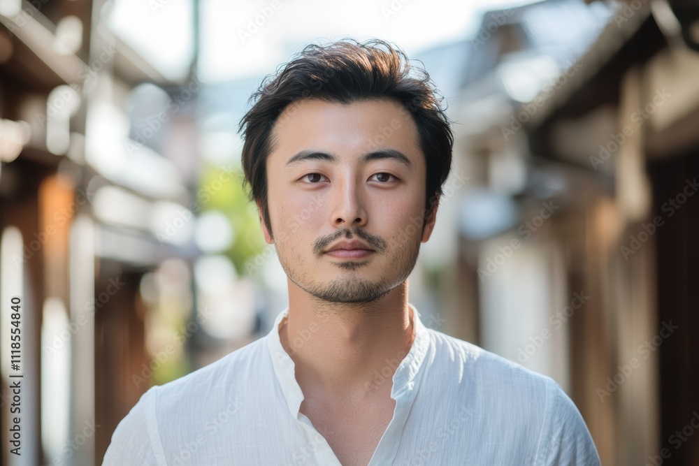 歴史的な街並みを背景に立つ若い男性