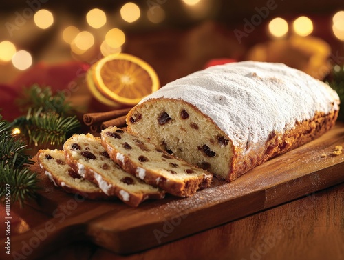 Beautifully crafted Christmas stollen dusted with powdered sugar, sliced to reveal raisins and candied fruits photo