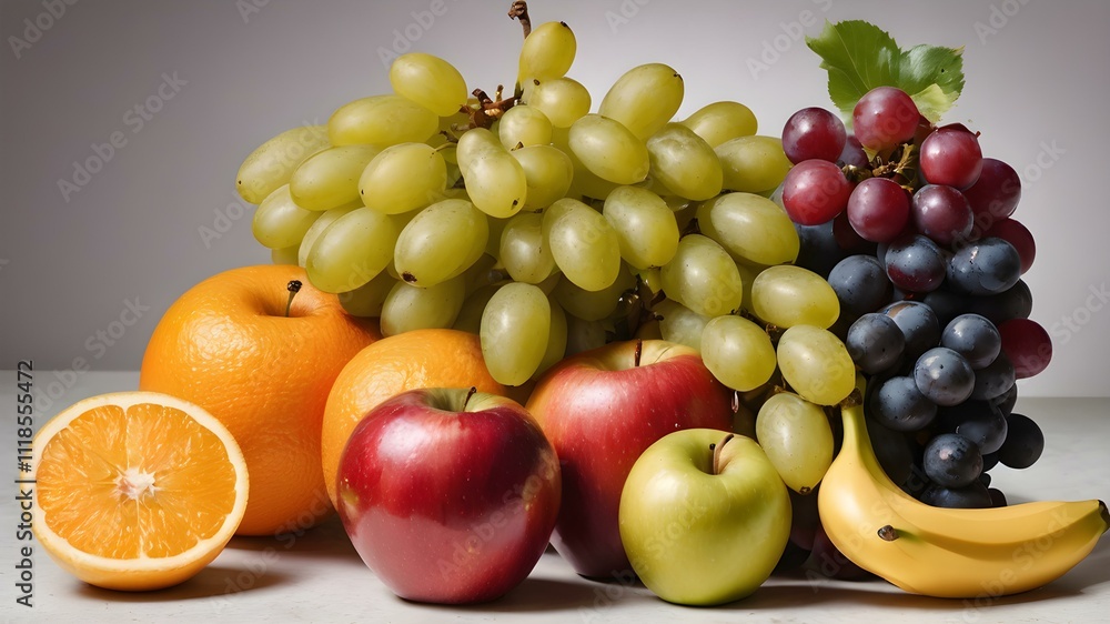 Set of isolated kitchen fruits, including apples, bananas, oranges, and grapes, on a plain background. Set of isolated kitchen fruits, including apples, bananas, oranges, and grapes, on a plain background.