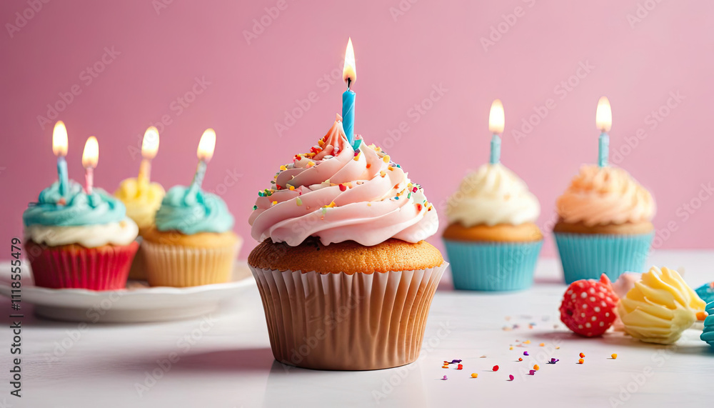 Delicious birthday cupcake on table on light background Delicious birthday cupcake on table on light background