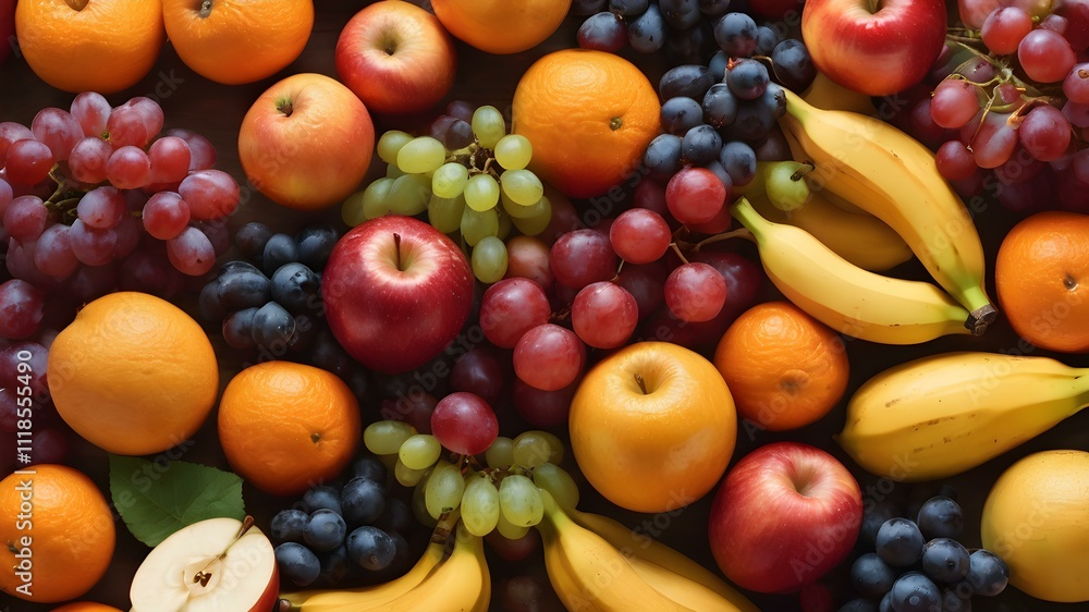 Set of isolated kitchen fruits, including apples, bananas, oranges, and grapes, on a plain background. Set of isolated kitchen fruits, including apples, bananas, oranges, and grapes, on a plain background.