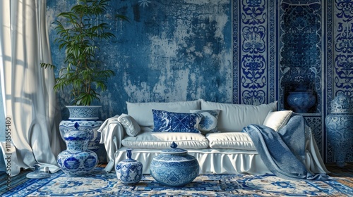 Moroccan Inspired Living Room Decor with Eclectic White Sofa, Blue Pottery, and Ornate Wall Patterns photo