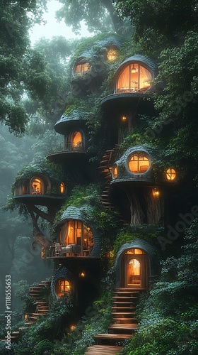 Beautiful scene featuring a treehouse community surrounded by vibrant forest in captivating display picture