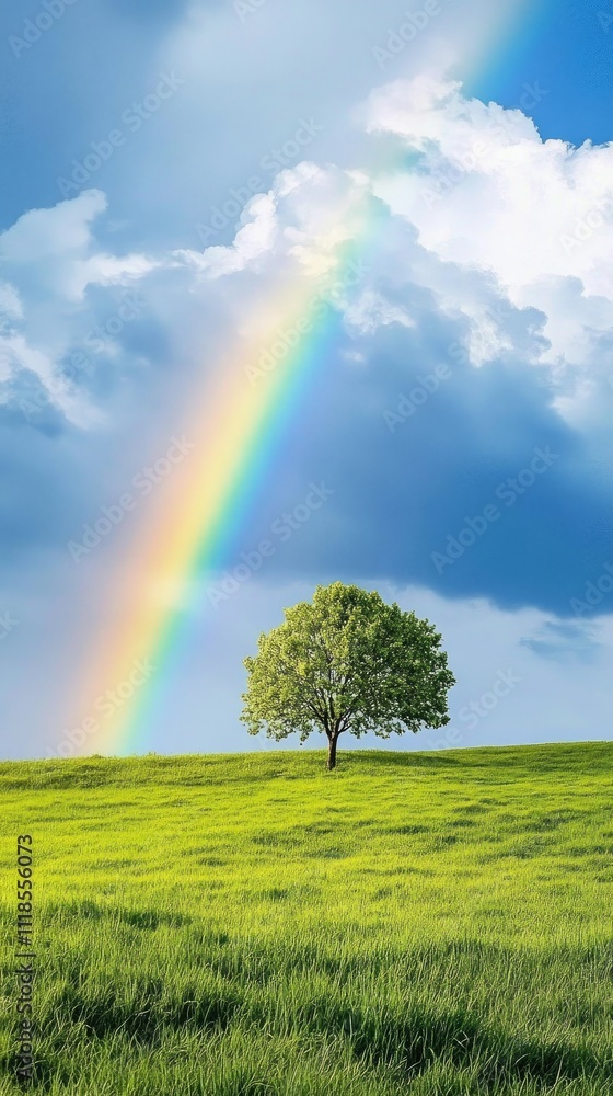 Lone Tree in Green Field Under Rainbow Sky Lone Tree in Green Field Under Rainbow Sky