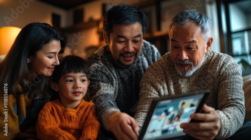 Family enjoying time together, looking at a tablet.