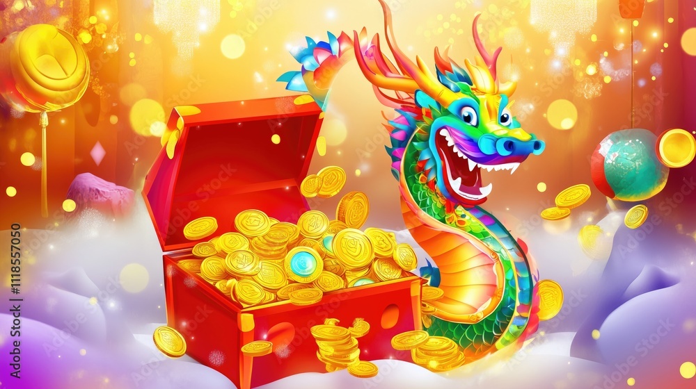 Naklejka premium Chinese dragon sitting on coins with copy space for text