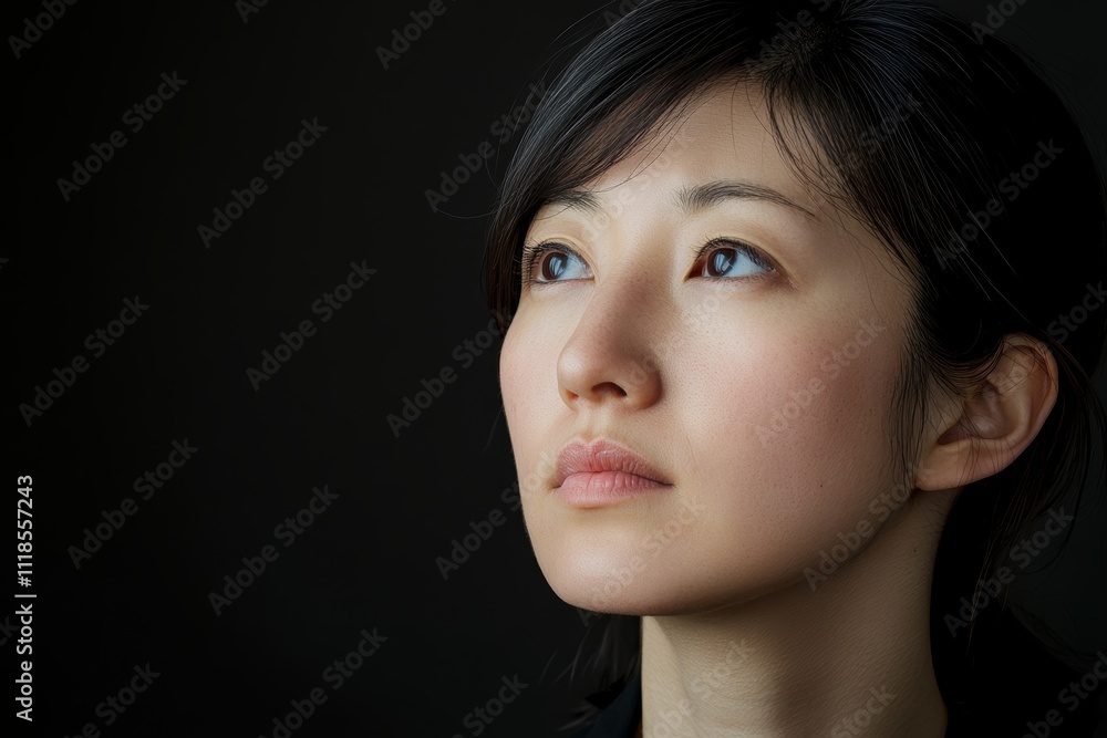 Fototapeta premium 暗い背景の中で未来を見つめる女性のポートレート