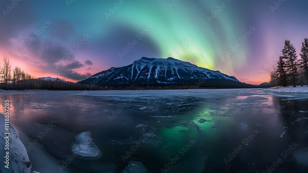 Naklejka premium Panoramic view of the beautiful northern lights over mountain in Iceland, ice on the lake
