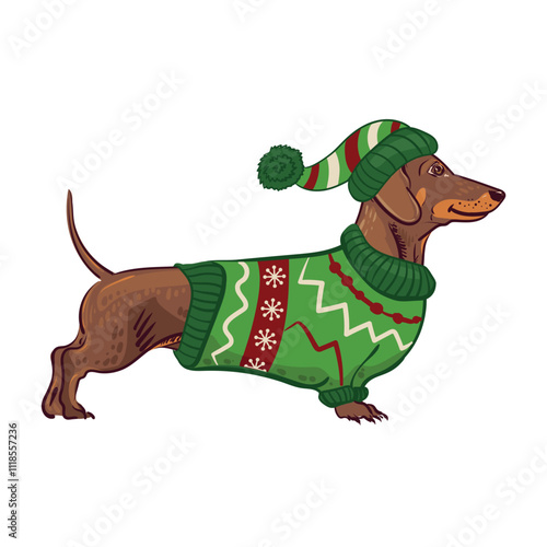 A cute dachshund dog in winter Christmas and New Year costume . Christmas greeting card concept. Animal and dog holidays characters. Pet in jacket and hat. Vector flat illustration.
