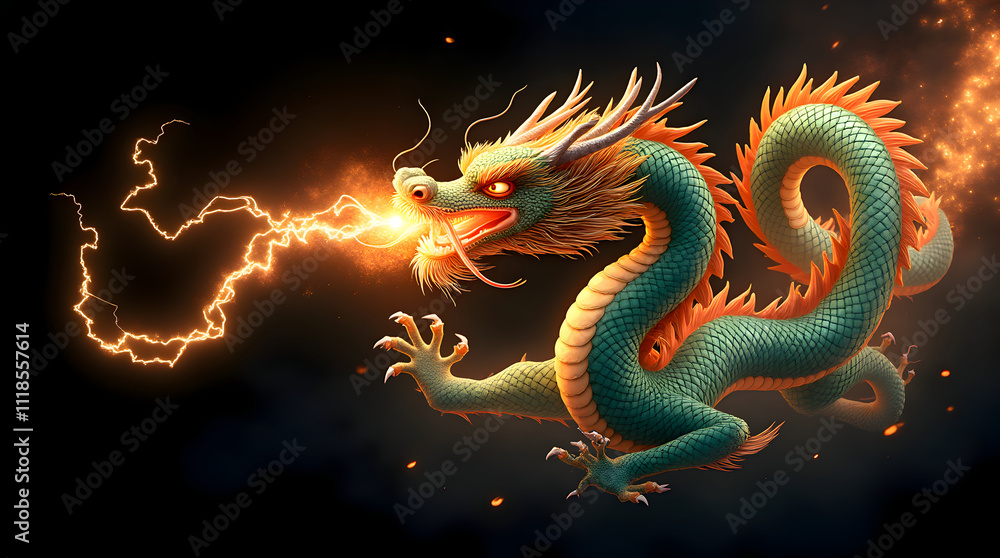 Majestic Green Dragon Breathing Lightning: A Digital Painting of Mythical Creature Majestic Green Dragon Breathing Lightning: A Digital Painting of Mythical Creature
