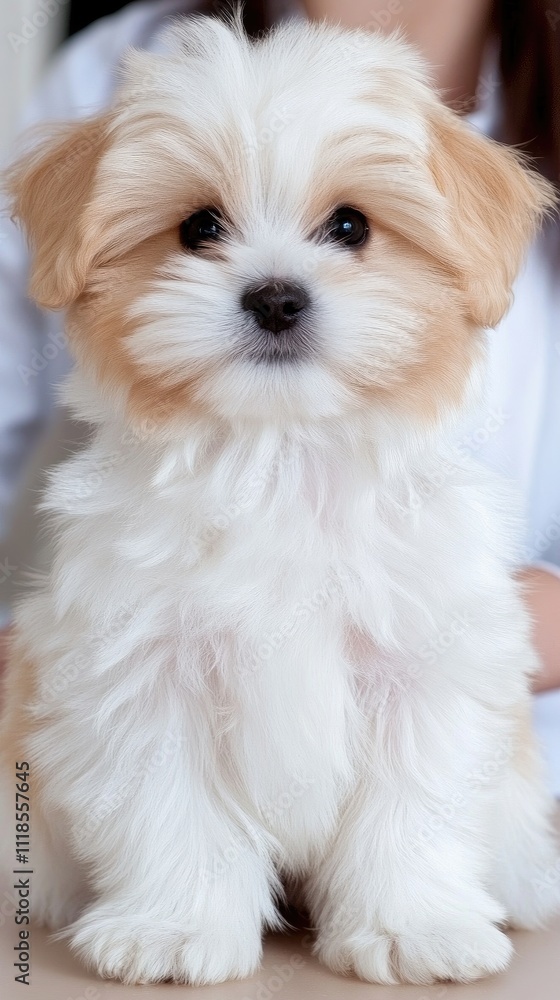 Fluffy puppy sits on the table at a veterinary clinic, eagerly awaiting a health examination. A female scientist attends to the checking process in the background Fluffy puppy sits on the table at a veterinary clinic, eagerly awaiting a health examination. A female scientist attends to the checking process in the background
