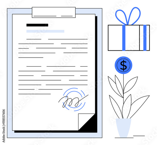 Agreement document on clipboard with signature, gift box wrapped with ribbon, potted plant with dollar symbol. Ideal for business deals, financial agreements, contracts, gifts, rewards, business