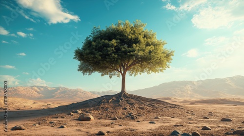 Tree flourishing in the center of a barren desert landscape under clear blue skies