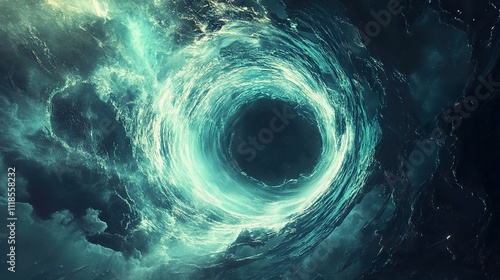 Abstract swirling vortex of teal and dark blue, resembling a cosmic whirlpool or ocean maelstrom.