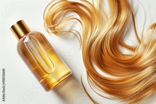 A natural essential oil or serum for hair care with vitmin C lying on a white table. Hair care and smoothing concept photo