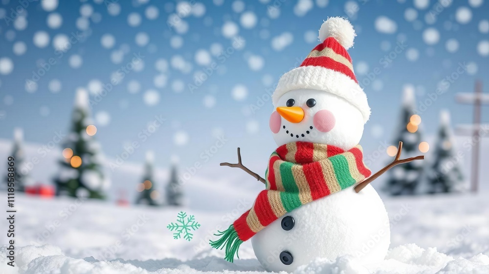 Fototapeta premium Fluffy snowman in colorful scarf & hat in snowy winter wonderland with trees, landscape, colorful