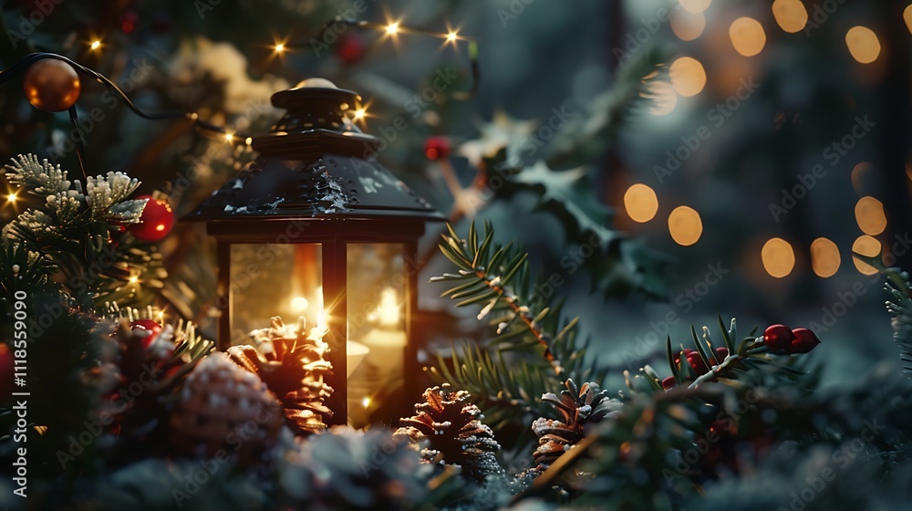 A glowing Christmas lantern surrounded by pinecones and holly. A glowing Christmas lantern surrounded by pinecones and holly.