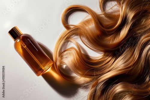 A natural essential oil or serum for hair care with vitmin C lying on a white table. Hair care and smoothing concept photo