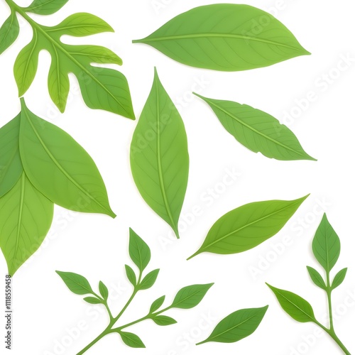 Set of cut-out green plant leaves on a white background, perfect for natural and botanical design projects.