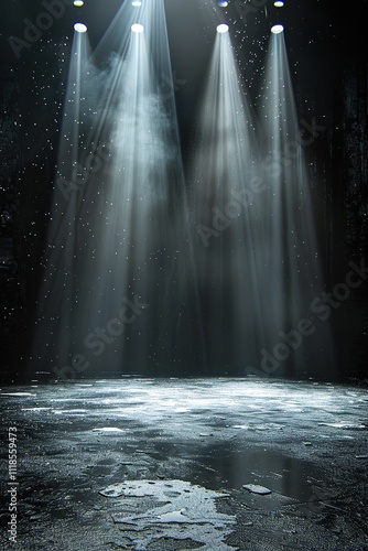 A dramatic stage setting with beams of light shining on a wet surface.