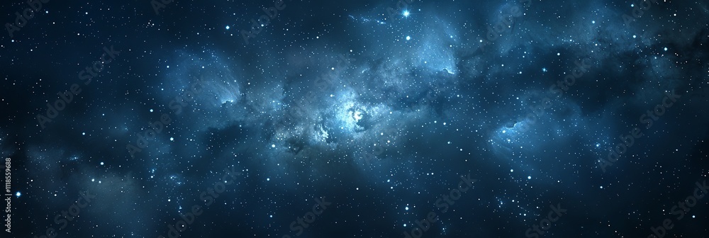 Vast cosmic landscape filled with stars and nebulae in deep blue tones. Vast cosmic landscape filled with stars and nebulae in deep blue tones.