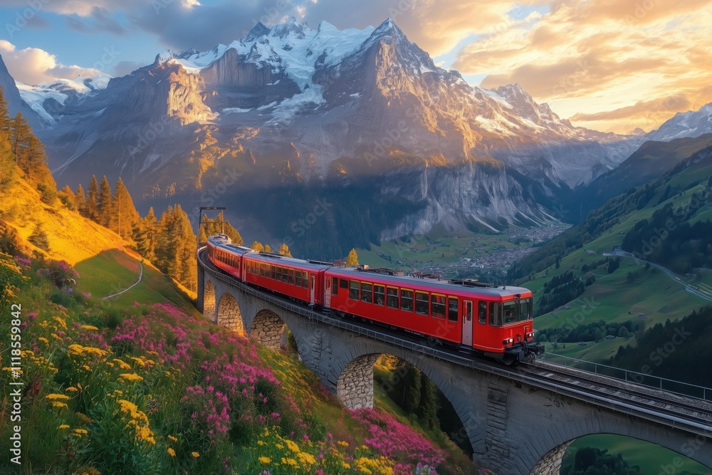 Obraz premium Red train crossing a bridge in a valley surrounded by colorful flowers with the swiss alps and snowy eiger, mönch and jungfrau mountains in the background at sunset