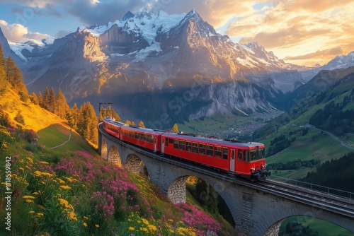 Red train crossing a bridge in a valley surrounded by colorful flowers with the swiss alps and snowy eiger, mönch and jungfrau mountains in the background at sunset
