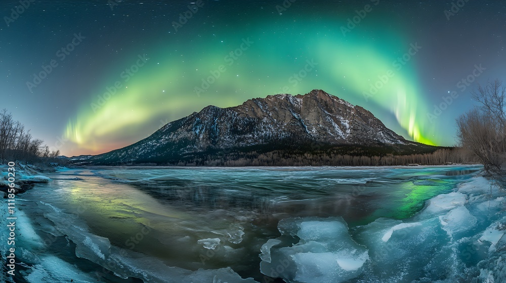 Naklejka premium Panoramic view of the beautiful northern lights over mountain in Iceland, ice on the lake