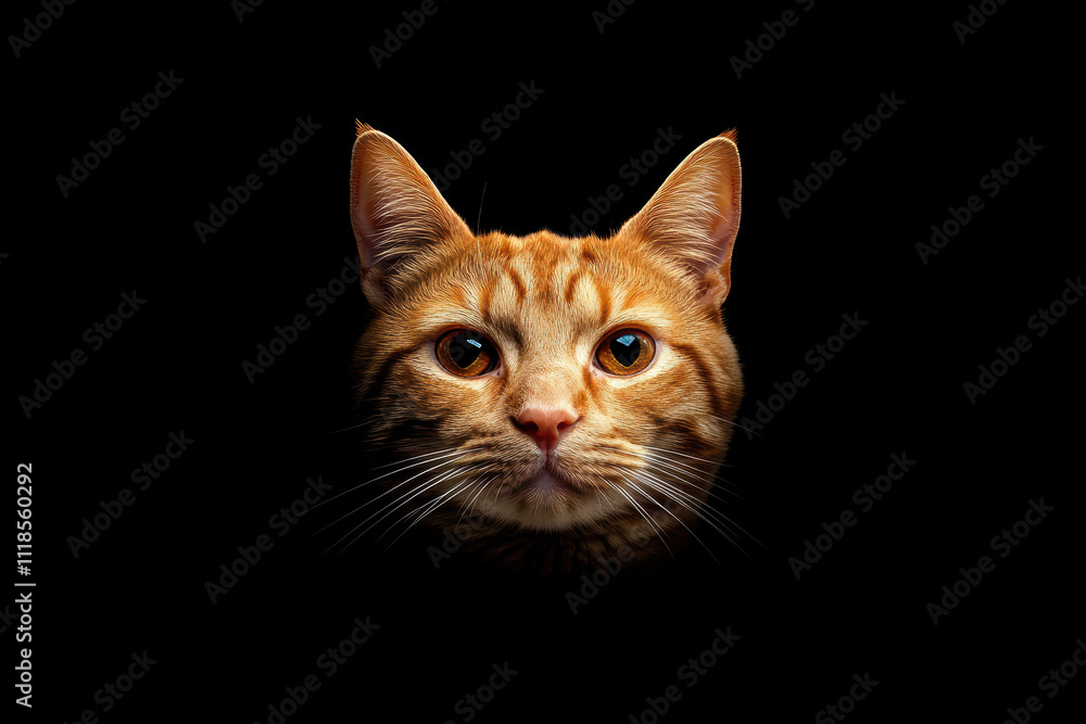 Obraz premium 黒い背景の前にいるオレンジ色の猫の顔のクローズアップ