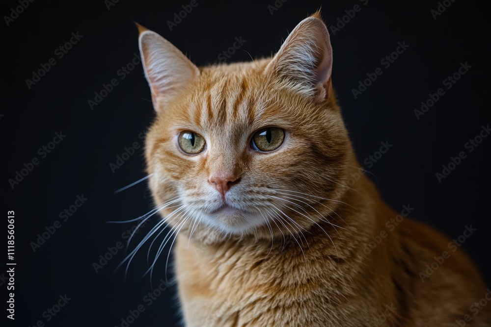 Fototapeta premium オレンジの猫が暗い背景で落ち着いている様子を捉えた美しい肖像