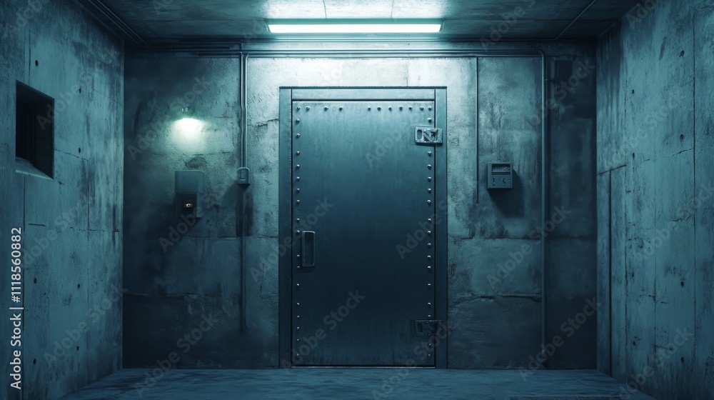 Obraz premium Mysterious Metal Door in a Dark Concrete Corridor