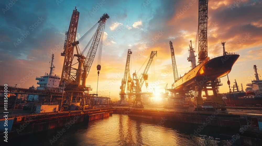 Obraz premium Sunset over a busy shipyard with large cranes and cargo ships.