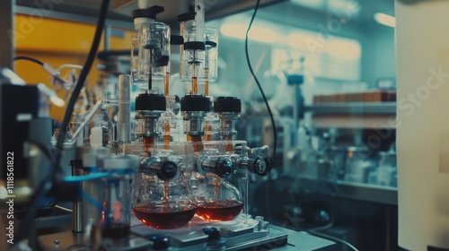 Close-up view of complex laboratory equipment with amber liquids flowing through glass tubes. The detailed machinery suggests advanced scientific research in progress.