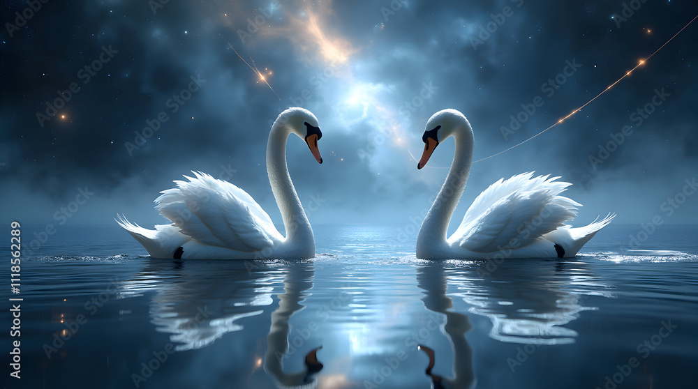 Fototapeta premium Two Majestic Swans in Love Under a Starry Night Sky Serene Lake Reflections