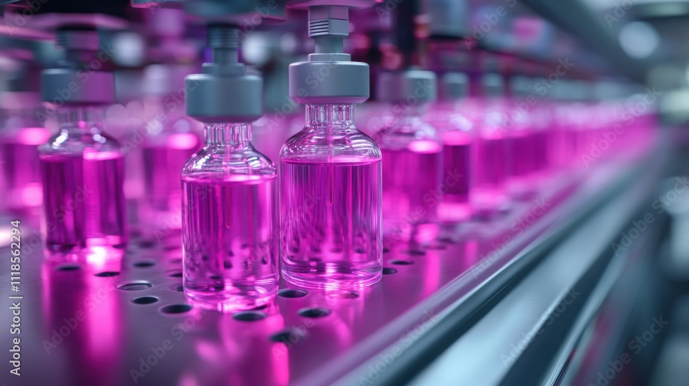 Rows of glass bottles filled with vibrant purple liquid move along a sleek, metallic conveyor belt in a sterile manufacturing facility. The scene is illuminated with a cool, industrial light Rows of glass bottles filled with vibrant purple liquid move along a sleek, metallic conveyor belt in a sterile manufacturing facility. The scene is illuminated with a cool, industrial light