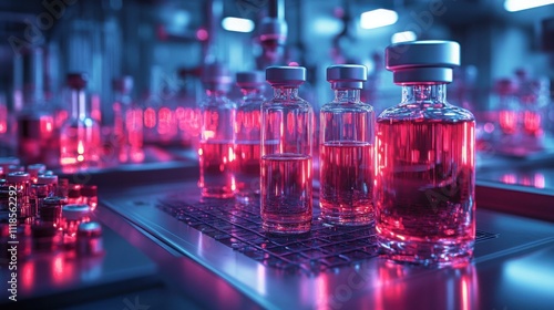 Close-up view of several glass vials filled with a vibrant pink liquid, sitting on a metallic surface in a laboratory setting. The scene is lit with cool blue and warm pink hues