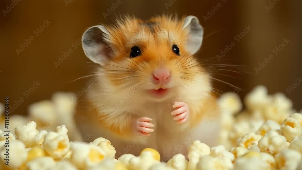 A cute hamster nibbling on popcorn. Adorable rodent enjoying popcorn. Video 4k A cute hamster nibbling on popcorn. Adorable rodent enjoying popcorn. Video 4k