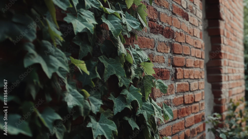 Ivy Leaves Climbing on Rustic Brick Wall in Serene Outdoor Setting with Natural Light and Lush Greenery Enhancing the Aesthetic Appeal of the Environment Ivy Leaves Climbing on Rustic Brick Wall in Serene Outdoor Setting with Natural Light and Lush Greenery Enhancing the Aesthetic Appeal of the Environment
