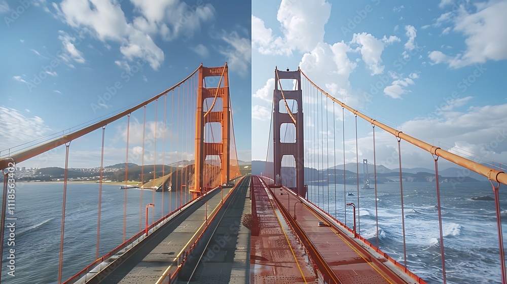 The Golden Gate Bridge, spanning a body of water, with a road in the center. The Golden Gate Bridge, spanning a body of water, with a road in the center.