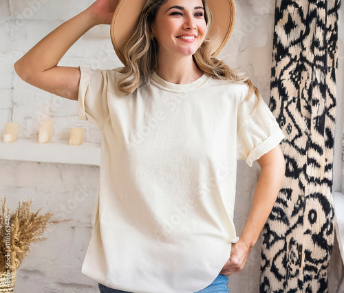 Blank soft. cream t-shirt mockup clothing apparel woman.