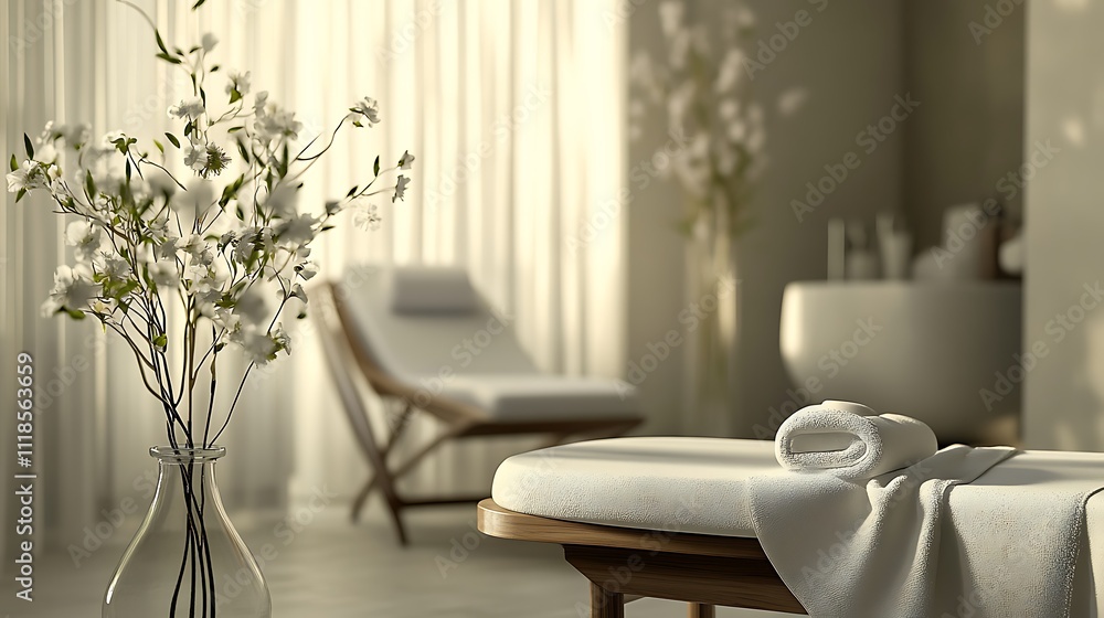 A spa room with white flowers, towels on a massage table, and sunlight streaming through windows. A spa room with white flowers, towels on a massage table, and sunlight streaming through windows.