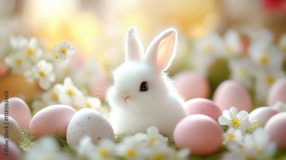 Obraz premium Easter bunny with eggs and flowers on a meadow, AI-generated