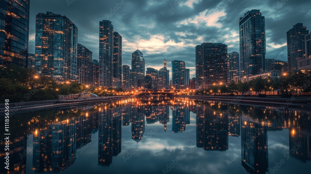 Obraz premium A city skyline reflecting on water at dusk, showcasing urban lights and architecture.