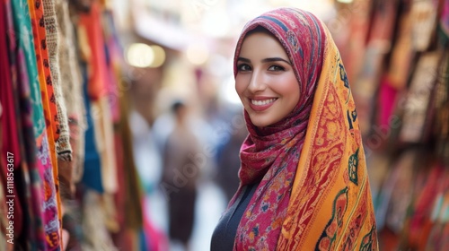 Smiling Woman in Colorful Hijab at a Vibrant Market