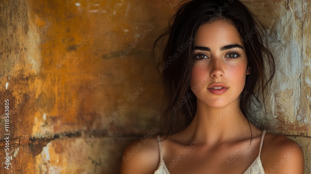 Fototapeta premium Stunning Freckled Brunette Woman Portrait: Closeup Beauty Photography