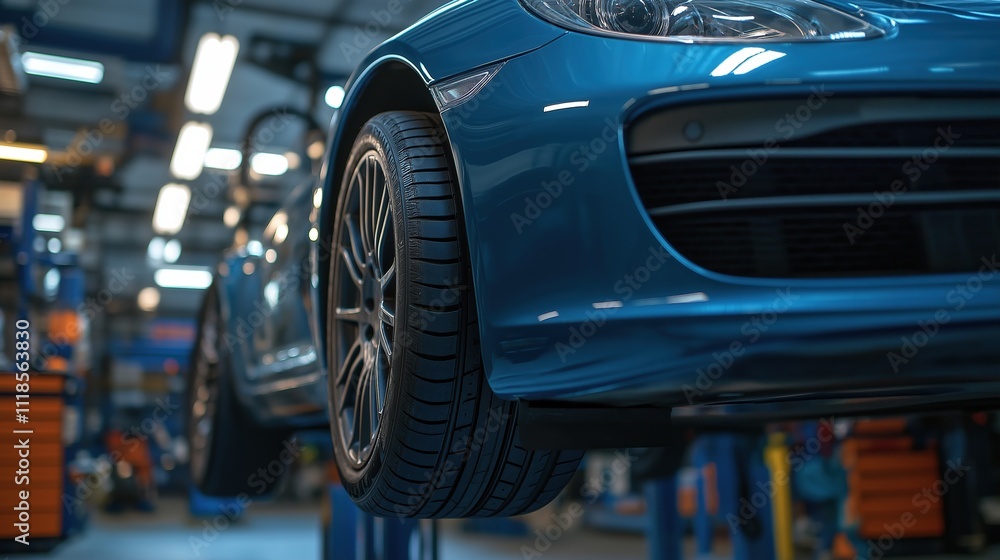 Car elevated on lift in garage with tire visible ready for maintenance work Car elevated on lift in garage with tire visible ready for maintenance work
