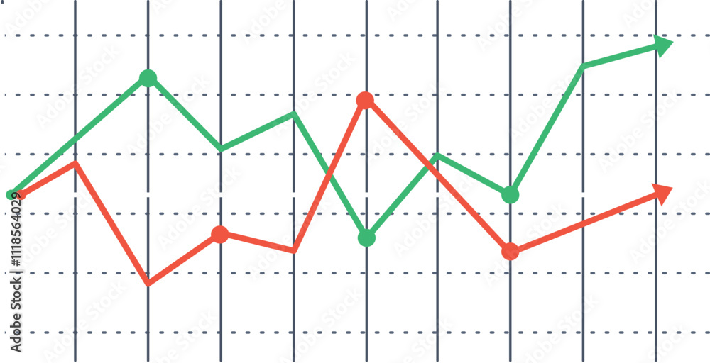 Two lines are representing increasing and declining trends over a grid background, symbolizing market analysis, financial performance, or business progress Two lines are representing increasing and declining trends over a grid background, symbolizing market analysis, financial performance, or business progress