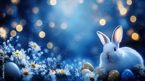 White bunny with blue Easter eggs in a magical night scene, AI-generated photo